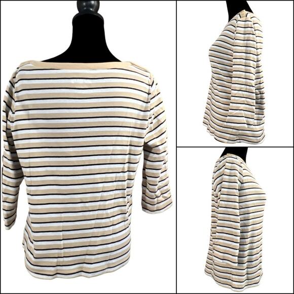 St John's Bay 3/4 Sleeve Boat Neck Top Petite Medium 100% Cotton Stripes - Picture 2 of 15